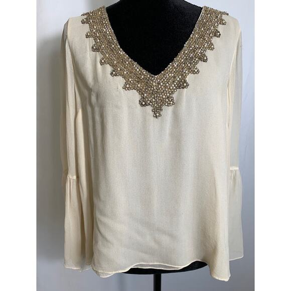 Love Sam Beige Beaded V-neck Bell Sleeve Blouse - Picture 1 of 4